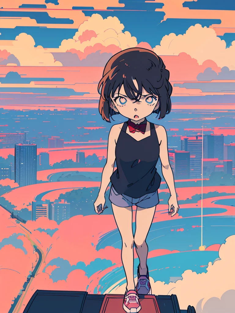 anime style, (1girl in, Solo:1.0), (Haibara Ai), ((Short pants)), (((Big eyes))), (Cute anime girl head), (flat chest),looking at viewer,With a height of 100cm,  shoot from front, (head shot),  Simple lineinimalism，Abstract Art，City background