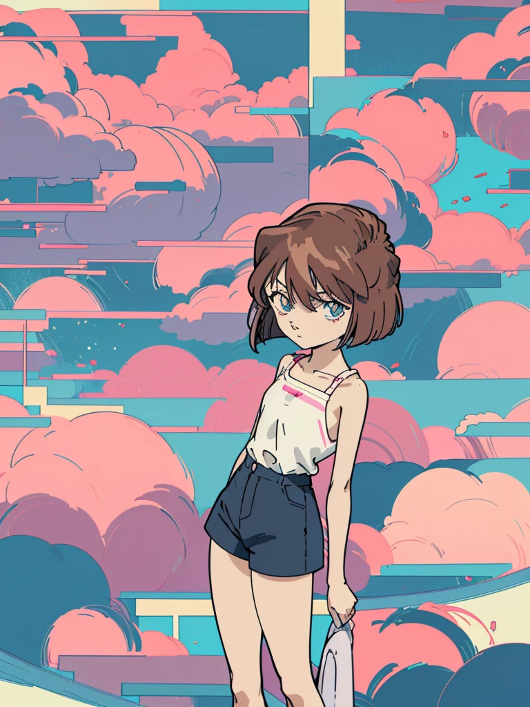 anime style, (1girl in, Solo:1.0), (Haibara Ai), ((Short pants)), (((Big eyes))), (Cute anime girl head), (flat chest),looking at viewer,With a height of 100cm, shoot from front, (head shot), Simple lineinimalism,Abstract Art,City background