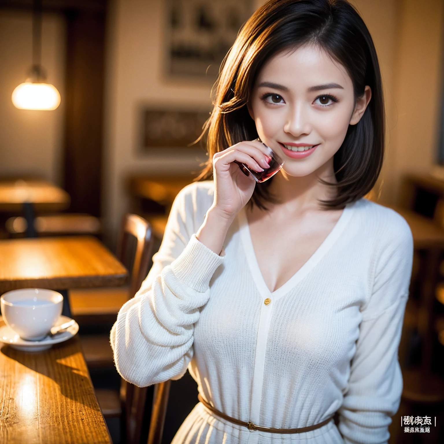 ((highest quality、8k、masterpiece:1.3))、1 male、1 female、Couple、spouse、Couple、The body is slim、((Bob Hale、Straight hair:1.2)), (Realistic, Intricate details:1.2), テーブルの上のwine glass、Shine light on your face、 Amazing view of the sunset sky and clouds、Amazing mountain views、A bright smile、The wonderfulness of smile、Bright image、The beauty of wine, Beautiful Face, blue eyes, The light shines on your face, Blushing, short hair,Bright Face、 (Age 37), 39 years old, red wine 、Appetizers、Italian food、Wine bottle、Champagne、sparkling wine、Two beauties、Brown Hair、Shortcuts、Long sleeve shirt、dress、Pretty Woman 1, (slimな顔), (The body is slim), (Brown Hair), (Shortcuts), cheeks turn a little red,Attractive beauty、restaurant, In a prominent place (From the waist up) Nova Frog Style, actress, model, Upper Body, White wine, slim, wine glass, 中央に置かれたwine glass, smile, (smile: 1.15), Beautiful fine grain, Depth f/2,saturation, High Contrast, Strong light and shadow,Moist Body:1.5、3D texture、Delicate eyes、Brown Hair、The hair is very shiny、