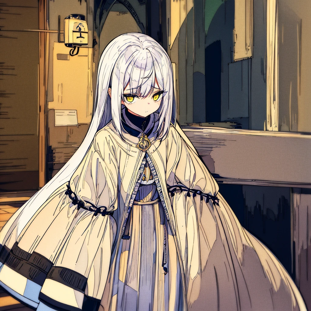 A young girl with white hair and yellow eyes had a sleepy face and was wearing a dress.