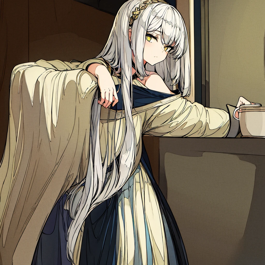A young girl with white hair and yellow eyes had a sleepy face and was wearing a dress.