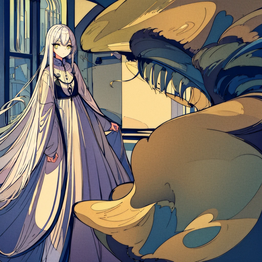 A young girl with white hair and yellow eyes had a sleepy face and was wearing a dress.