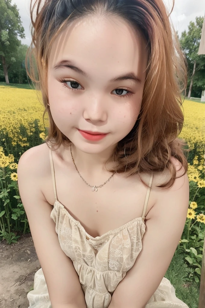 Cute woman, (elegant, pretty face, no forehead), red curly hair, (long hair), ((Delicate skin, Texture)), full body, lace camisole top, mini skirt, outdoor, flower field, Super detailed, (Intricate details, fine details, Super detailed), Ray tracing, subsurface scattering, Diffuse soft light, Shallow depth of field, sharp focus bokeh, (Realistic photo quality:1.4)