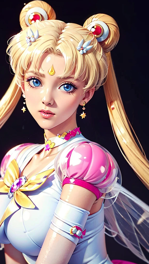 (((Perfect body,White and tender skin,(((Yellow layered skirt Pink puffy sleeves White gloves White boots Wing brooch Red choker Red ribbon Wings Hairpin Red bun cover Golden crescent forehead mark))),(((EternalSM ,Slender and soft golden hair, crystal clear and delicate skin, bright blue big eyes, thin cherry colored lips,,))),((masterpiece)),highres,((Best quality at best)),masterpiece,quality,Best quality,((( Exquisite facial features,Looking at the audience,There is light in the eyes,(((lol,happy))),))),(((Light and shadow,Huge breasts,))),(((Looking at the camera,black background,))))