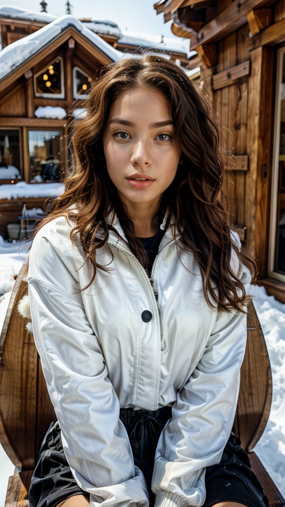 
**Ultra-realistic portrait of a young African-American woman of mixed race, medium skin with freckles near the nose, very realistic skin texture, fine, round facial features, black eyes with long black lashes, defined eyebrows, well-defined lips without makeup. athletic physique, medium length wavy red hair, styled in tight curls. Captured with an iPhone 15, the image is ultra-detailed with a physical rendering, vibrant colors and sharp focus.
The avatar is in the snow, it's cold, she's wearing a coat, an ear warmer and ski pants with warm fur boots. We see her in full body and she's sledding on a wooden sled, with a wooden chalet in the background and a snowman. 