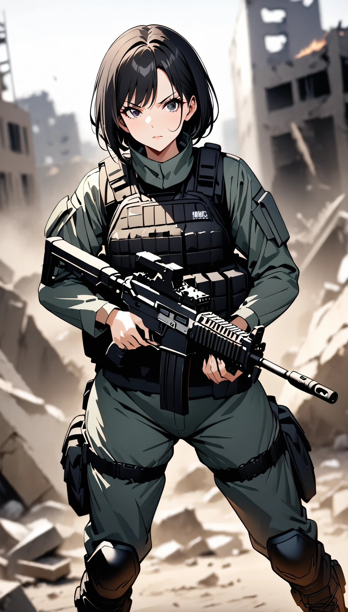 ((masterpiece)),((highest quality)),((High resolution)),((Very detailed)),One woman,48 years old,Mature Woman,Japanese,Black Hair,Short Bob,Beautiful Eyes,Long eyelashes,Beautiful Hair,Beautiful Skin,Serious,whole body,BREAK(((Gunfight))),((submachine gun)),SWAT Uniforms,black bulletproof vest, Combat Boots, Black Tactical Forster,Tactical Headset,(The background is the rubble of ruins),(((Background Blur)))