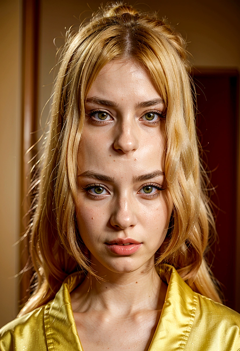 a close up of a person with long hair and a green kimono, tsunade senju, tsunade senju from anime naruto, as an anime character, perfect anime face, she has yellow hair with bangs, female anime character, anime character, anime best girl, hime cut hairstyle, yellow hair, (red glossy lips:1.3), yellow eyes, , smile, city background, (beautiful face:1.3)