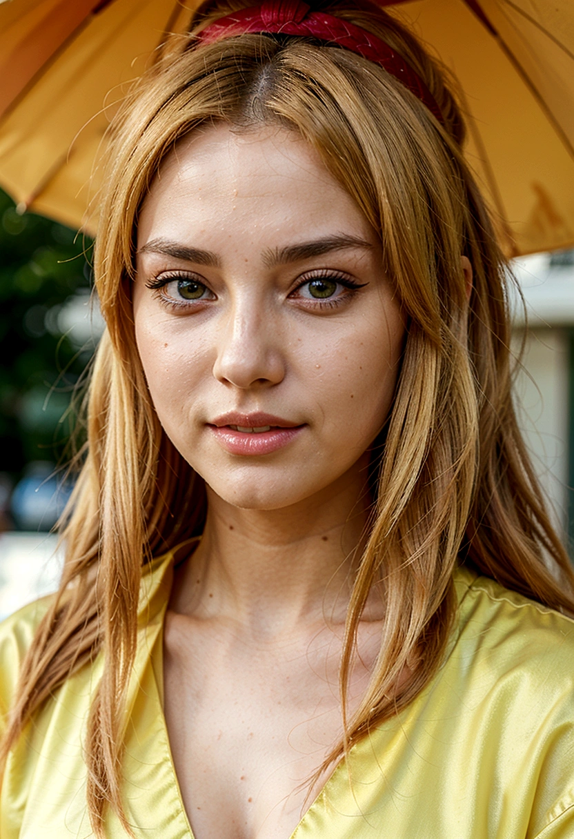 a close up of a person with long hair and a green kimono, tsunade senju, tsunade senju from anime naruto, as an anime character, perfect anime face, she has yellow hair with bangs, female anime character, anime character, anime best girl, hime cut hairstyle, yellow hair, (red glossy lips:1.3), yellow eyes, big breasts, smile, city background, (beautiful face:1.3) 