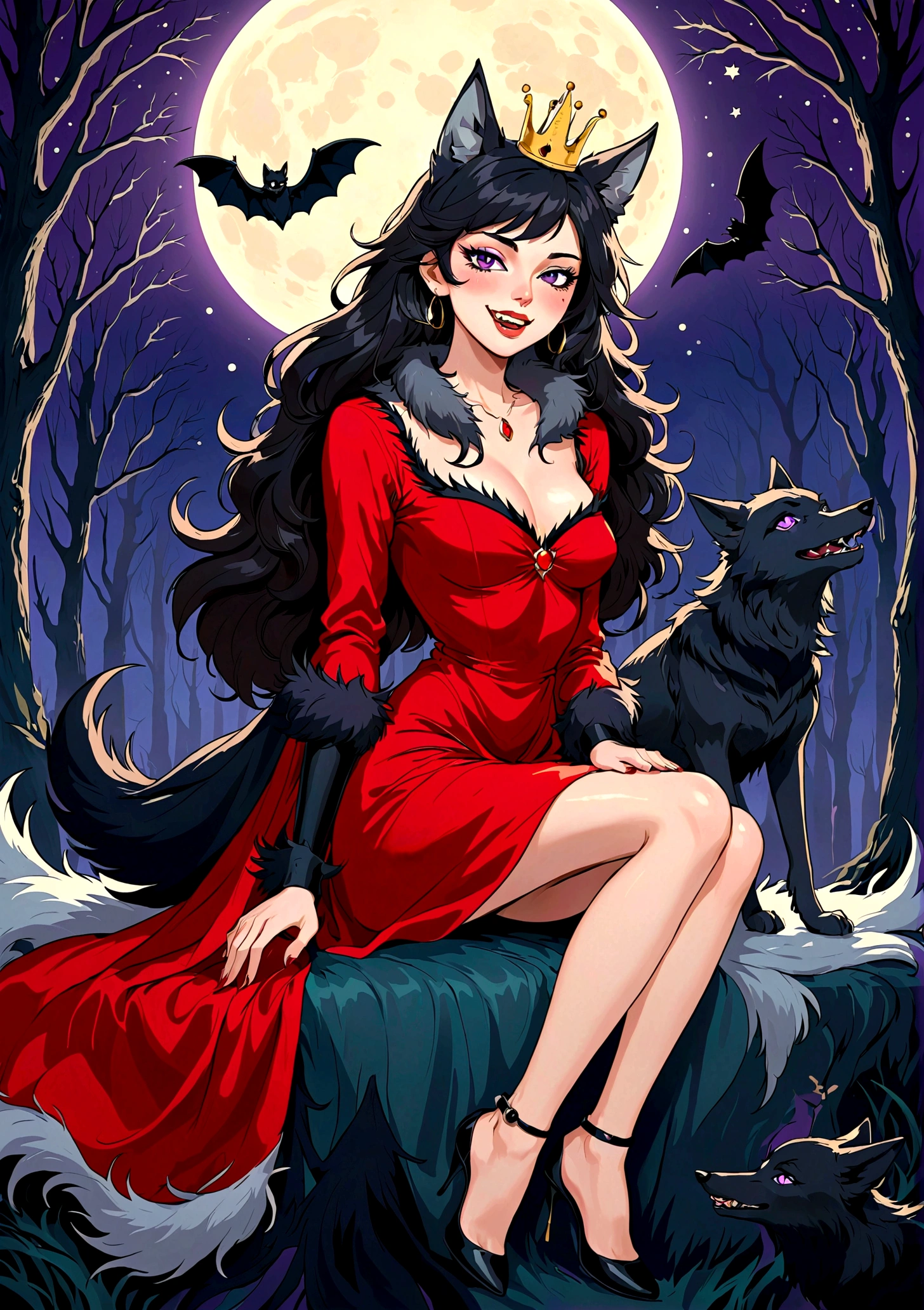 Vector，flat，Simple and smooth lines，A beautiful illustration：The big bad wolf and the beautiful girl are sitting elegantly，(((She has a beauty spot:1.37)))，Purple Eyes，Delicate lashes，laughing out loud，Fangs，Smooth skin，Long black hair，Wolf ears， Small Crown，Red dress with fur collar，Long legs。The docile wolf。Correct human anatomy，moonlight，bat