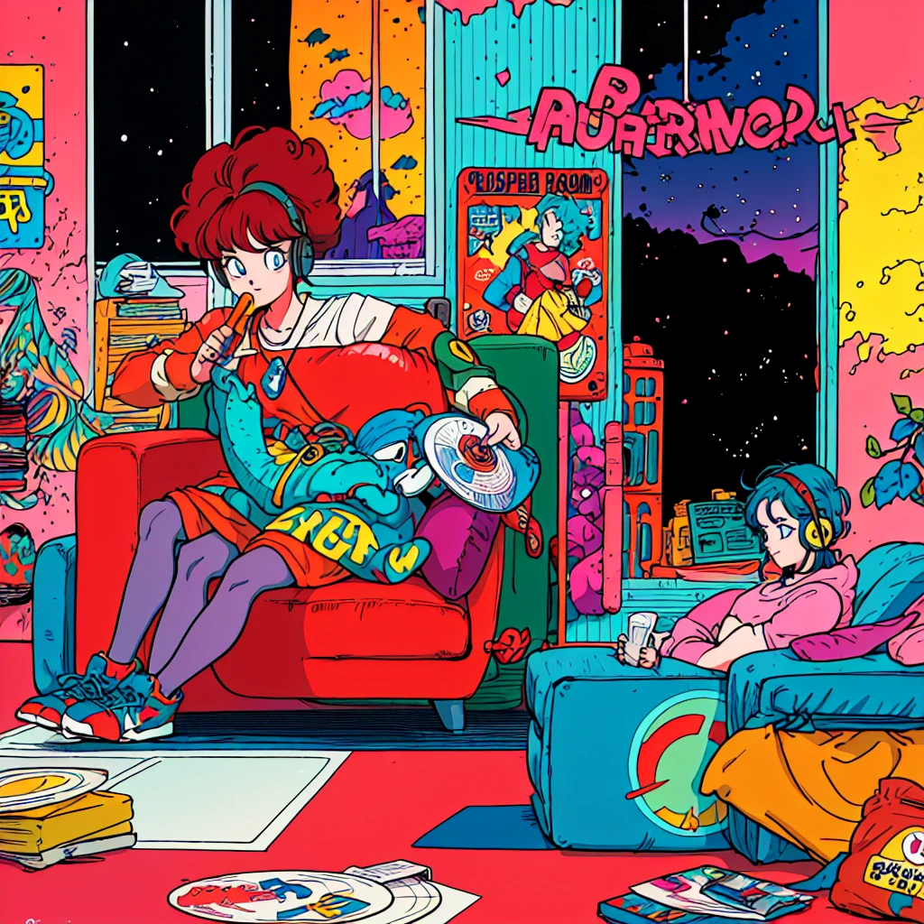 (masterpiece), highest quality, Expressive eyes, Neon pastel aesthetics, Retro 90s, Neon color,((Girl sitting on sofa,In a cozy room,Records hanging on her wall, Comic books on the floor, Looking out the window behind her at the night city, Upholstered room, Anime figures lined up on a shelf)), Wearing headphones, (All around her it sparkles), (wearing thick colorful sneakers), (blue eyes), (Soft look), (Synthwave Art Style), Colorful Hair, Desk with PC set up