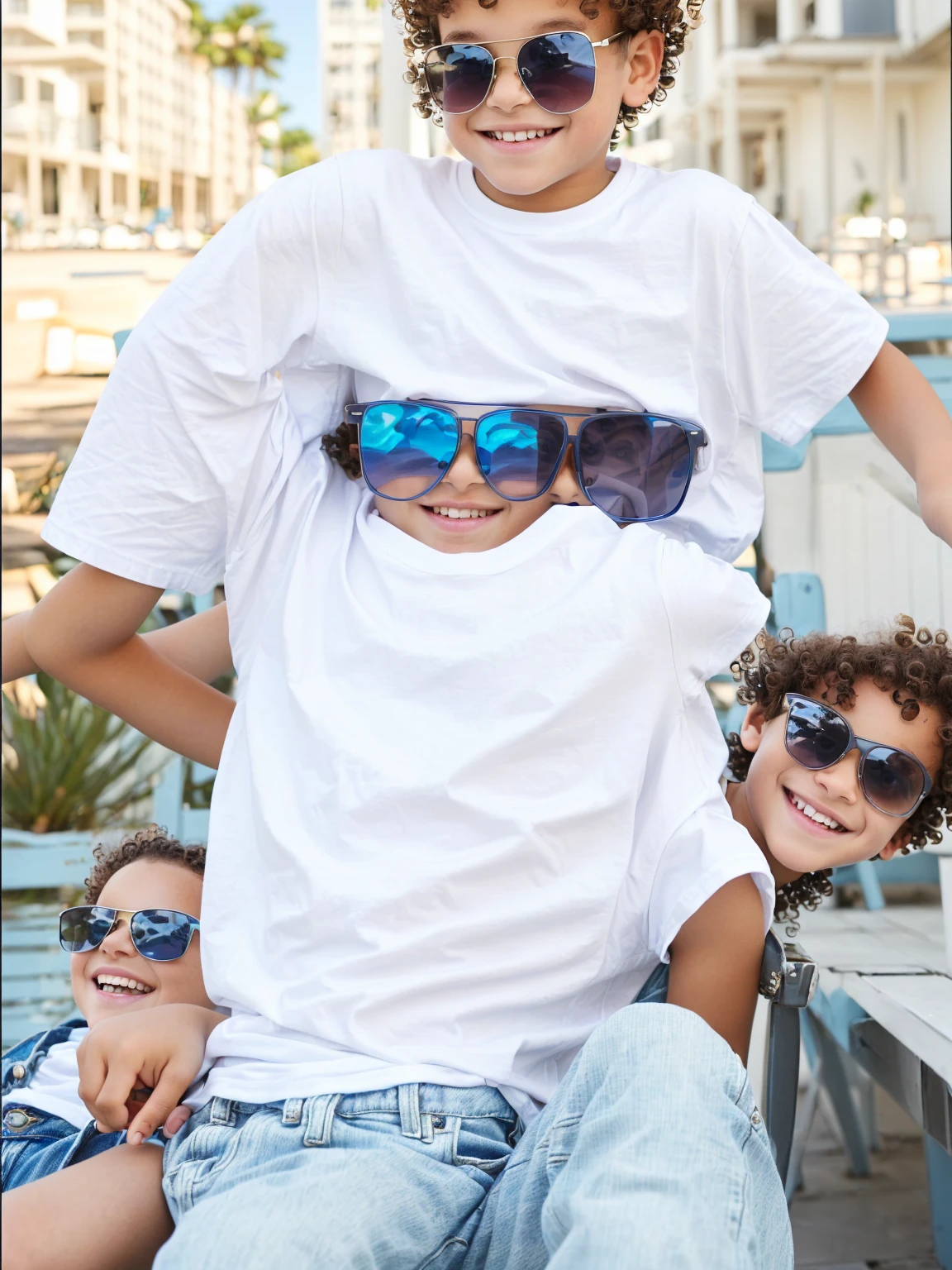 A young child with a radiant smile, wearing stylish sunglasses. The child has curly hair and is dressed in a white t-shirt paired with light blue jeans. The child is seated, and the background appears to be an outdoor setting with a blurred view of a building.