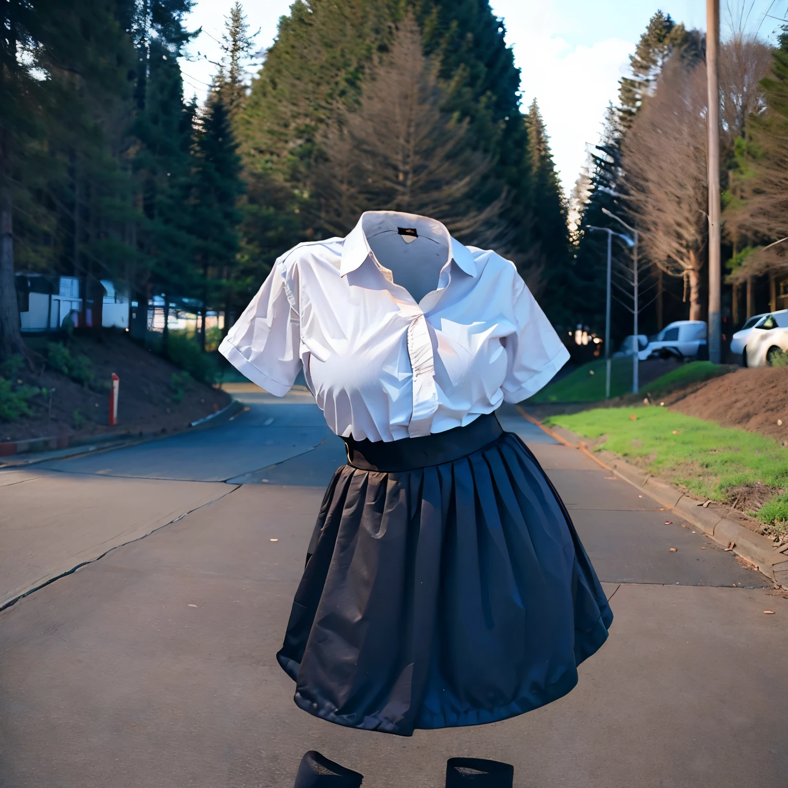 school blouse, plaid skirt, hands on own knees, leaning forward, fat, cute big breasts, (invisible, no human, headless, handless:1.5), (8k, RAW photo, best quality, masterpiece:1.2), (realistic, photo-realistic:1.37), photon mapping, radiosity, ((Hasselblad photography)), physically-based rendering