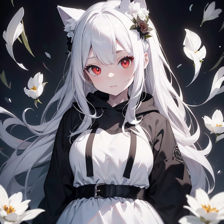 Pale skin, White hair, Black hoodie, White flowers, flowers in head, double tails, , Solo,{{Best quality}}, {{Masterpiece}}, {{Ultra-detailed}}, {illustration}, {Detailed light}, Red eyes, Long hair, white cat ears, 1girl, big