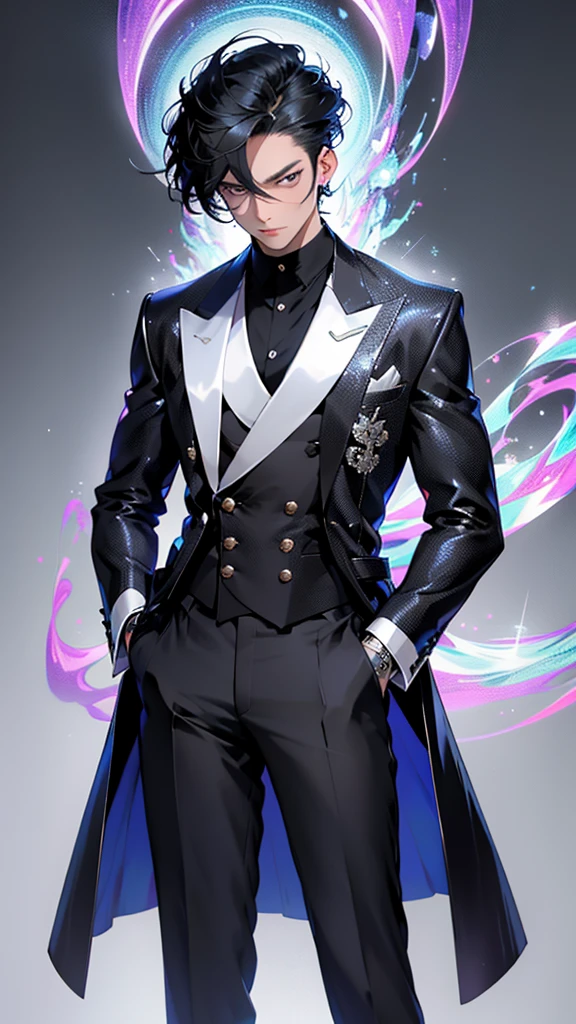 Korean Beautiful Idol Gentleman Anime, adorned with stylish black hair, expounds an air of elegance while standing proudly against a gripping grey background. He dons a glittery light royal blue double-breasted pent coat, the first button artfully open, exuding a sense of casual sophistication as he reveals a sleek black inner shirt. A polished pair of black, shiny dress shoes complete his dapper ensemble. His captivating full-body pose is further enhanced by an animated flourish, invoking a dynamic and captivating image.