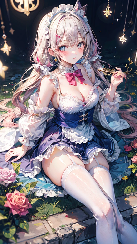 (Best quality, 8k, 32k, Masterpiece, UHD,:1.2),RAW, 1girl,ultra cute , natural lighting,transparent shining eyes, 20yo,medium breast ,fair complexion ,flushed face, dynamic angle, princess style in fairy tale, Alice in wonderland, cheshire cat, red and white and pink and yellow,(zettairyouiki:1.3), White stocking