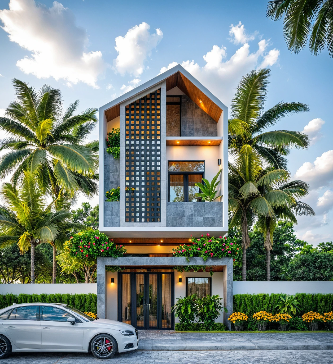 Masterpiece, high quality, best quality, authentic, super detailed, outdoor, aiaigroup, modern townhouse style, stairs, white wall combined with conwood, wind encaustic tiles, iron gate, conwood ceiling, flowers, path, summer evening, grass, trees, sky, clouds, (daylight: 1.1)
