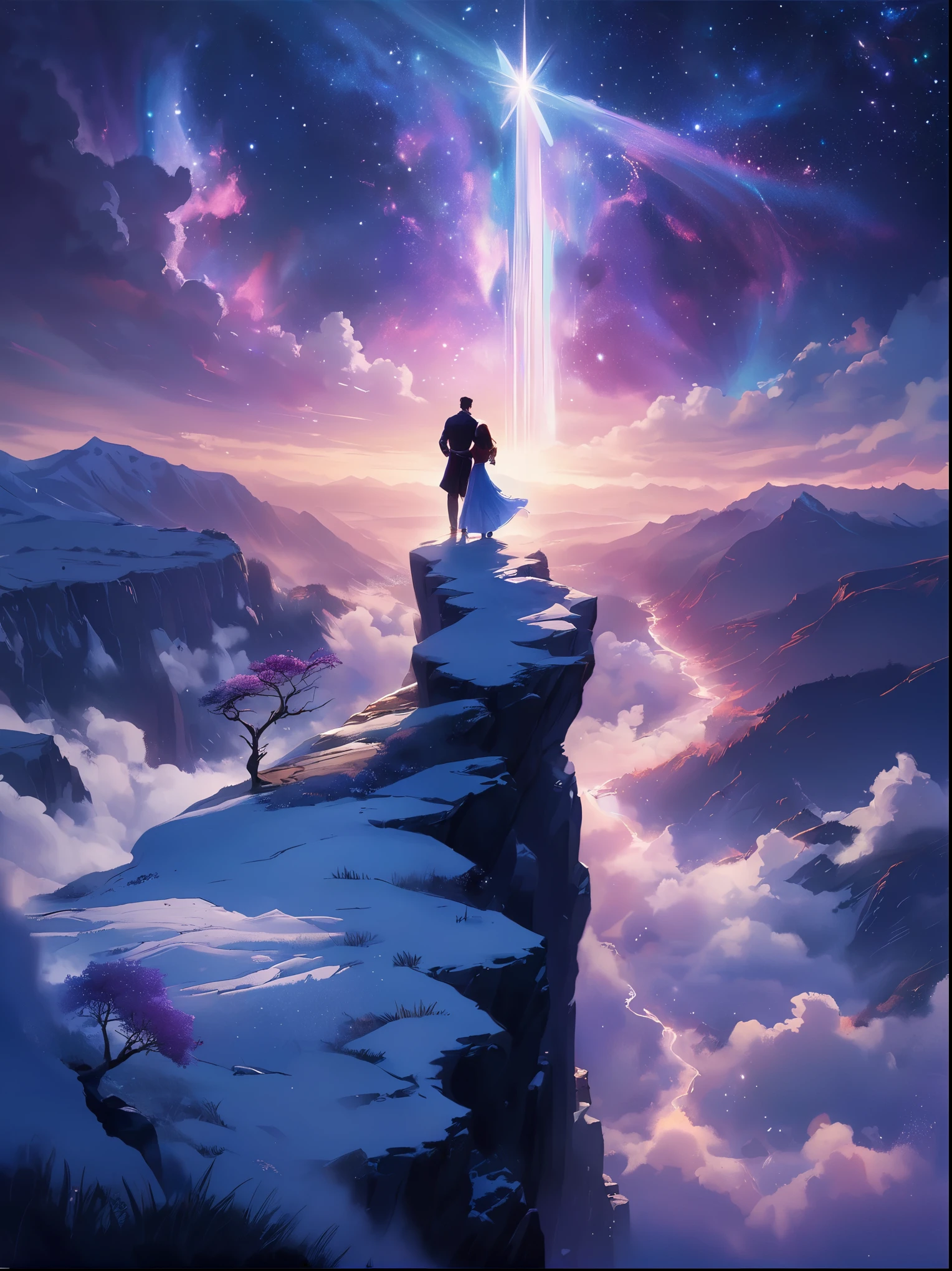 (Look from the back)，A man standing on a cliff，In a dreamy, hazy landscape，(Girl&#39;s perfect back)，(With your back to the audience)，Surrounded by a vortex of cosmic energy，The back of a person wrapped in a flowing robe，Blending with the celestial currents，The sky is a tapestry of deep purples and blues，Dotted with stars，The scenery below vaguely shows the rolling mountains，This scene is peaceful and sublime，Capturing the majestic nature of the universe，A pensive figure stands in awe