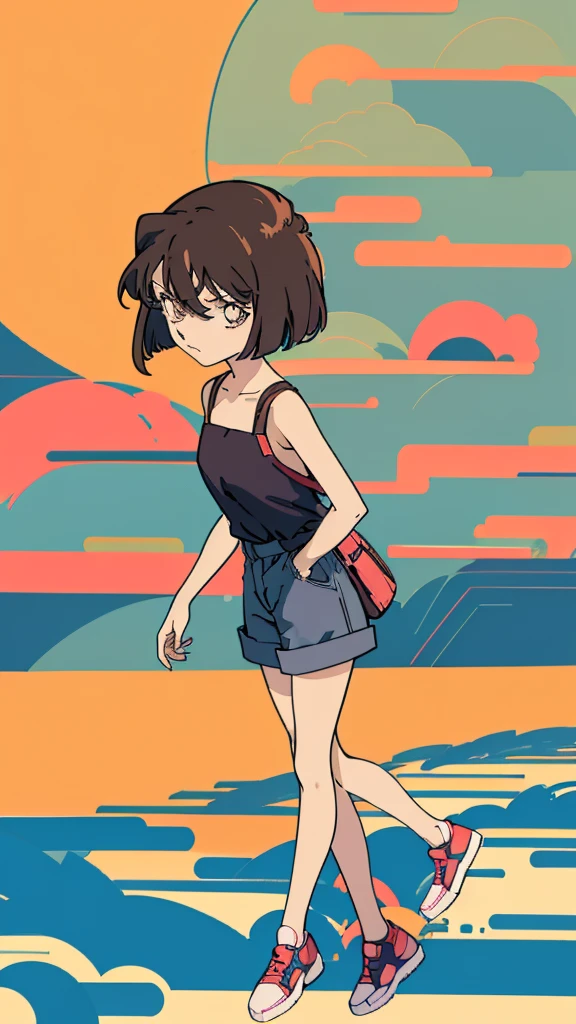 anime style, (1girl in, Solo:1.0), (Haibara Ai), ((Short pants)), (((Big eyes))), (Cute anime girl head), (flat chest),looking at viewer,With a height of 100cm,  shoot from front, (head shot),  Simple lineinimalism，Abstract Art，City background