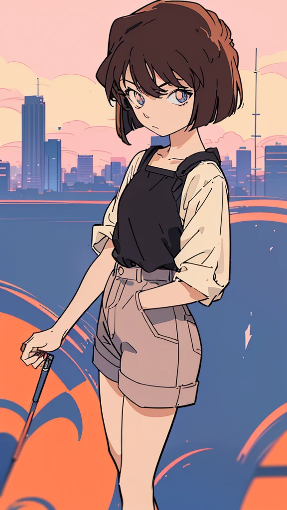 anime style, (1girl in, Solo:1.0), (Haibara Ai), ((Short pants)), (((Big eyes))), (Cute anime girl head), (flat chest),looking at viewer,With a height of 100cm, shoot from front, (head shot), Simple lineinimalism,Abstract Art,City background