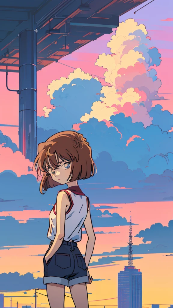 anime style, (1girl in, Solo:1.0), (Haibara Ai), ((Short pants)), (((Big eyes))), (Cute anime girl head), (flat chest),looking at viewer,With a height of 100cm,  shoot from front, (head shot),  Simple lineinimalism，Abstract Art，City background