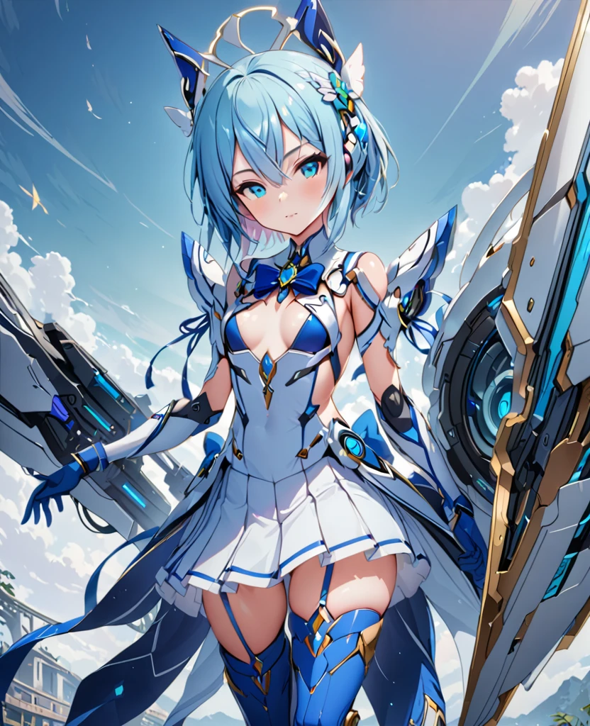 highest quality、unity 8k wallpaper、32k、masterpiece、Very detailed、Ultra-high resolution、Very detailedな顔、RAW Photos、Professional、Ultra-fine painting、Solas Sinon、light blue short hair、Headset with EyeSight on the right eye、Sky blue eyes、Blue magical girl costume、Deep indigo ribbon and large sapphire brooch、Flat Chest、White pleated skirt with blue lines、Blue and white long gloves、Indigo thigh-high stiletto heel boots with gold molding、