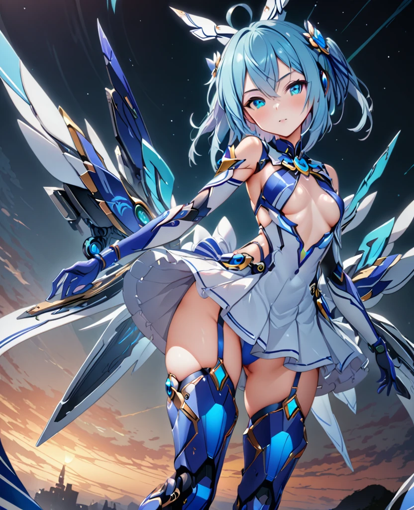 highest quality、unity 8k wallpaper、32k、masterpiece、Very detailed、Ultra-high resolution、Very detailedな顔、RAW Photos、Professional、Ultra-fine painting、Solas Sinon、light blue short hair、Headset with EyeSight on the right eye、Sky blue eyes、Blue magical girl costume、Deep indigo ribbon and large sapphire brooch、Flat Chest、White pleated skirt with blue lines、Blue and white long gloves、Indigo thigh-high stiletto heel boots with gold molding、