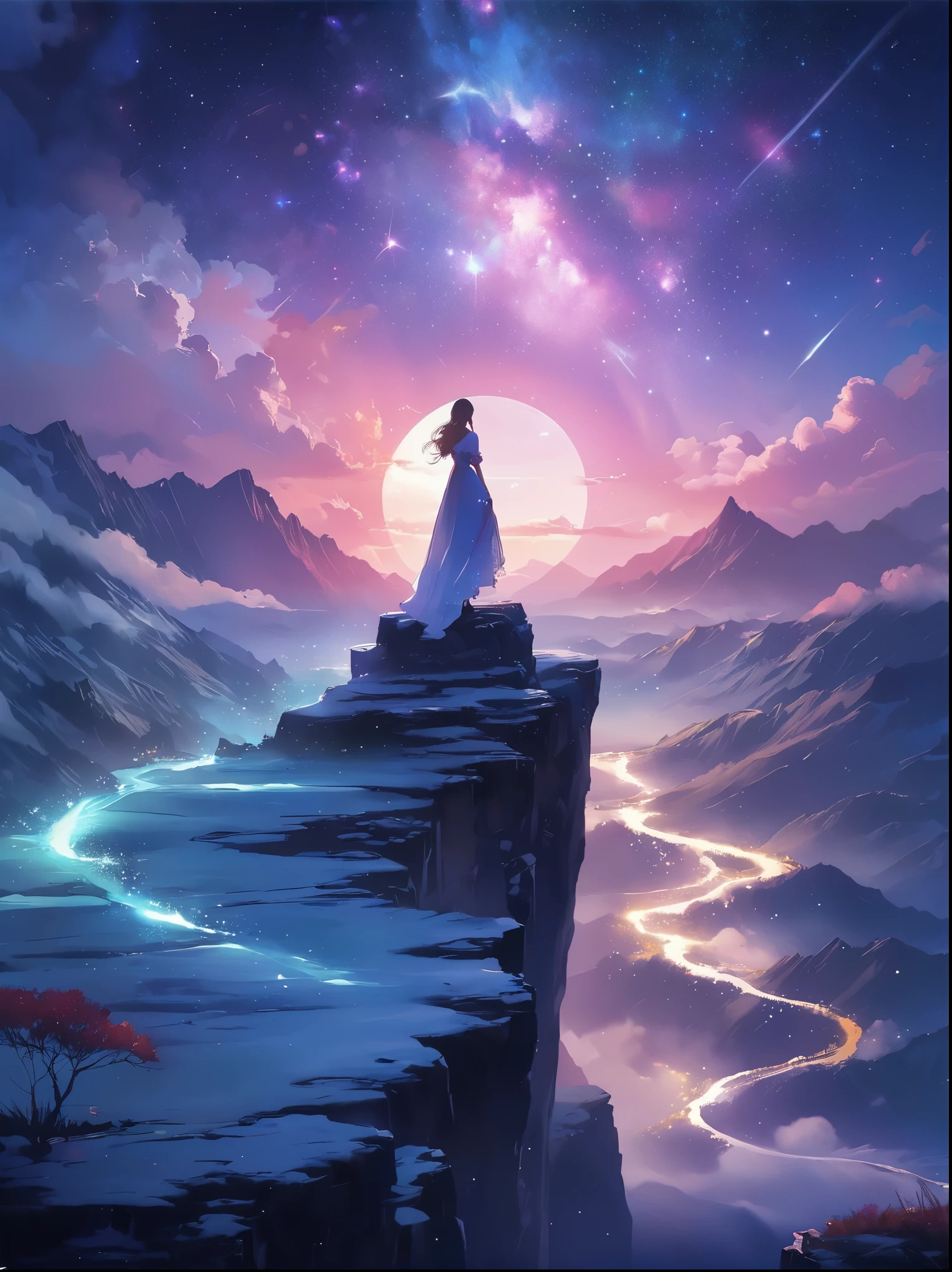 (Look from the back)，A man standing on a cliff，In a dreamy, hazy landscape，(Girl&#39;s perfect back)，(With your back to the audience)，Surrounded by a vortex of cosmic energy，The back of a person wrapped in a flowing robe，Blending with the celestial currents，The sky is a tapestry of deep purples and blues，Dotted with stars，The scenery below vaguely shows the rolling mountains，This scene is peaceful and sublime，Capturing the majestic nature of the universe，A pensive figure stands in awe