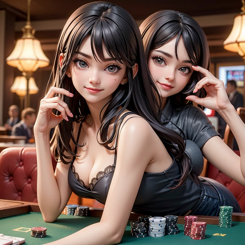 one girl, luxurious casino, elegant, opulent, card table, rich people, people playing cards in background, croupier, customer service, poker table, happy pretty smile, flirting you, loooking at you, in the middle thinking of you,