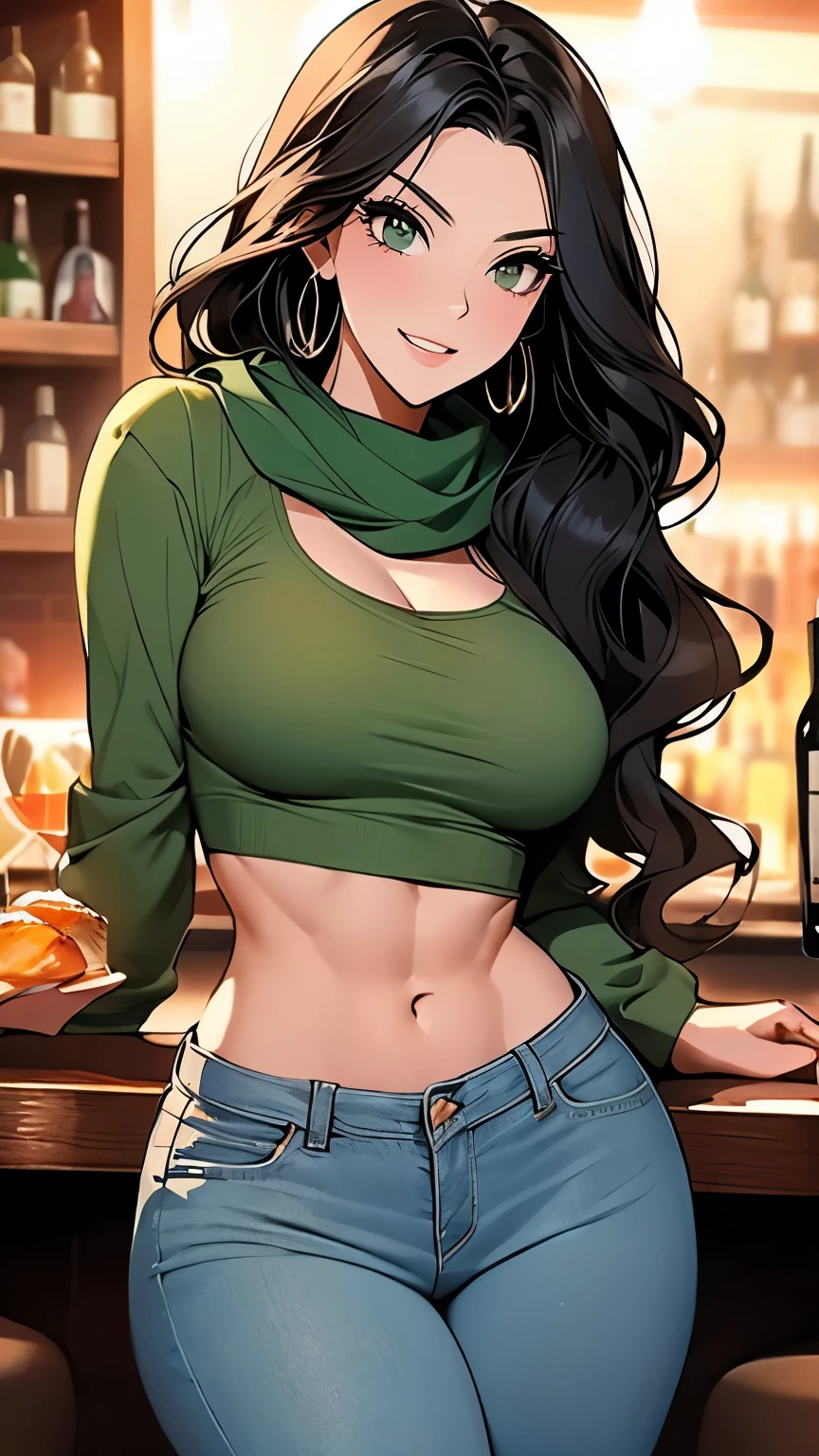 Beautiful 20 year old Mediterranean woman, Beautiful athletic body, Shapely, toned legs, Perfect round ass, Naturally firm breasts,(Abdominal muscles), Long black hair, Green Eyes. (joy:1.4), sweet (Laughter:1.2),((Drunk:1.3)),  Smokey Eye,mascara,  Long sleeve blouse, scarf, Low rise skinny jeans, boots. Wavy Hair. Tapas Bar. Enjoying a glass of red wine.