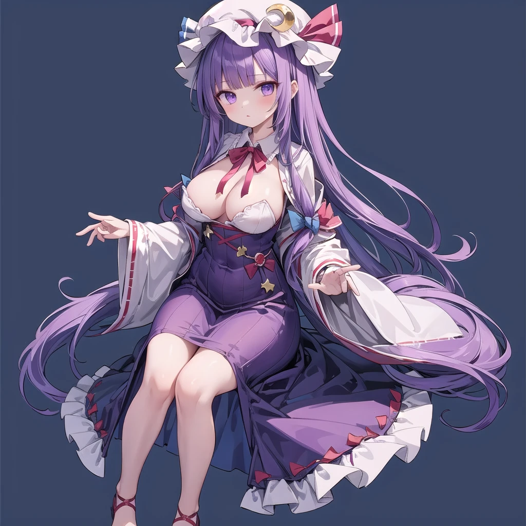 1girl, patchouli knowledge (touhou), purple eyes, very long hair, purple hair, blunt bangs, double bun, purple headwear, mob cap, bun cover, vertical-striped dress, purple dress, long sleeves, robe, wide sleeves, red bowtie, neck ribbon, red ribbon, crescent hat ornament, crescent hair ornament, red bow, blue bow, hair bow, hat bow,(large breasts),(((full body))),(((blue background))),(((Diagonal angle)))