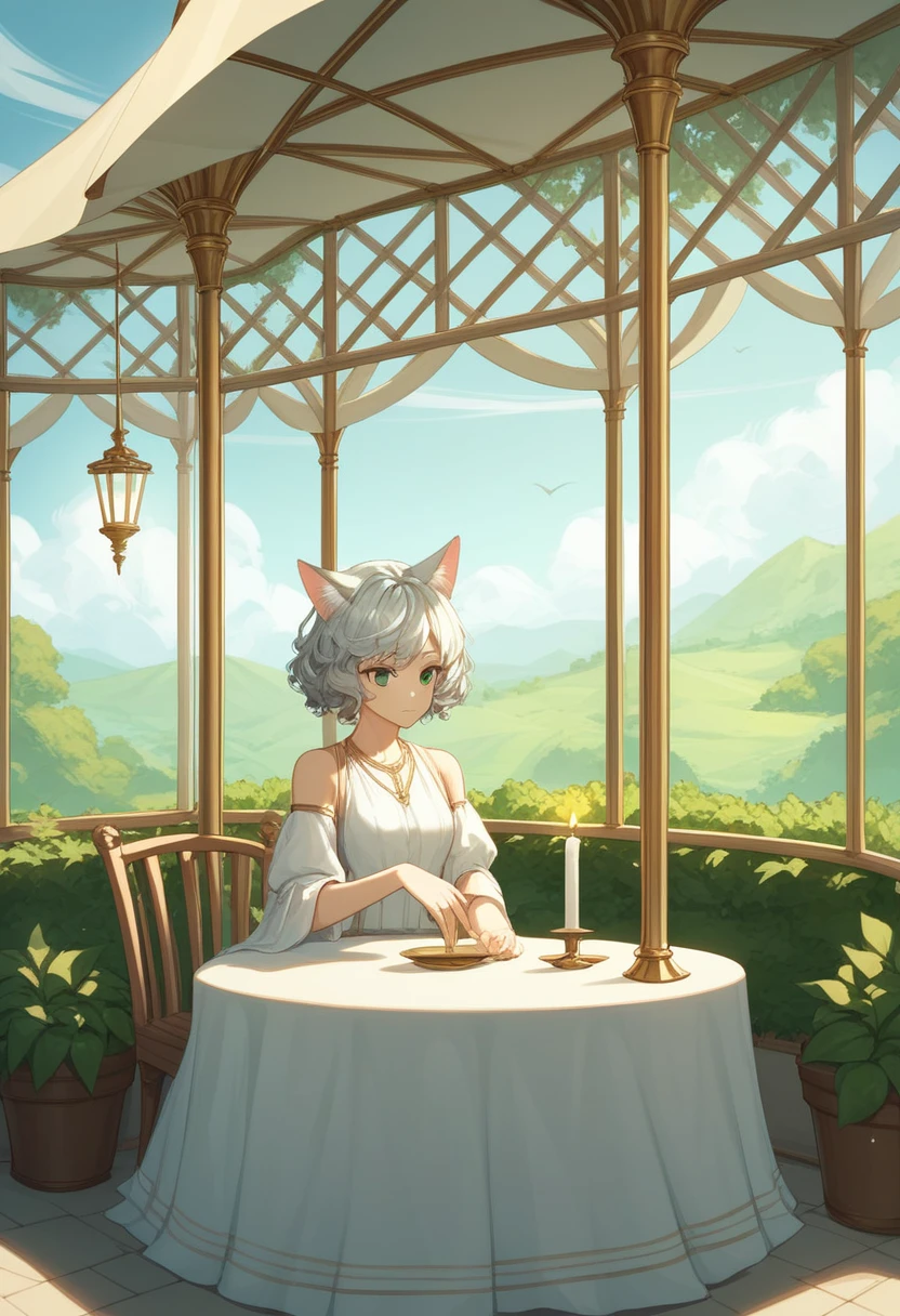 masterpiece, best quality,Extremely detailed,Ultra Detail, cinematic Light,, 1 Girl, Solitary, sit, outdoor, Gazebo, sitting in the Gazebo, plant, table, chandelier, Candle, Wind, Green Eyes, Greenish silver hair, short hair, animal_ears, animal_ear_Brushed, Flowing hair, Light, Light frown, contour,looking at the audience, Dynamic_angle