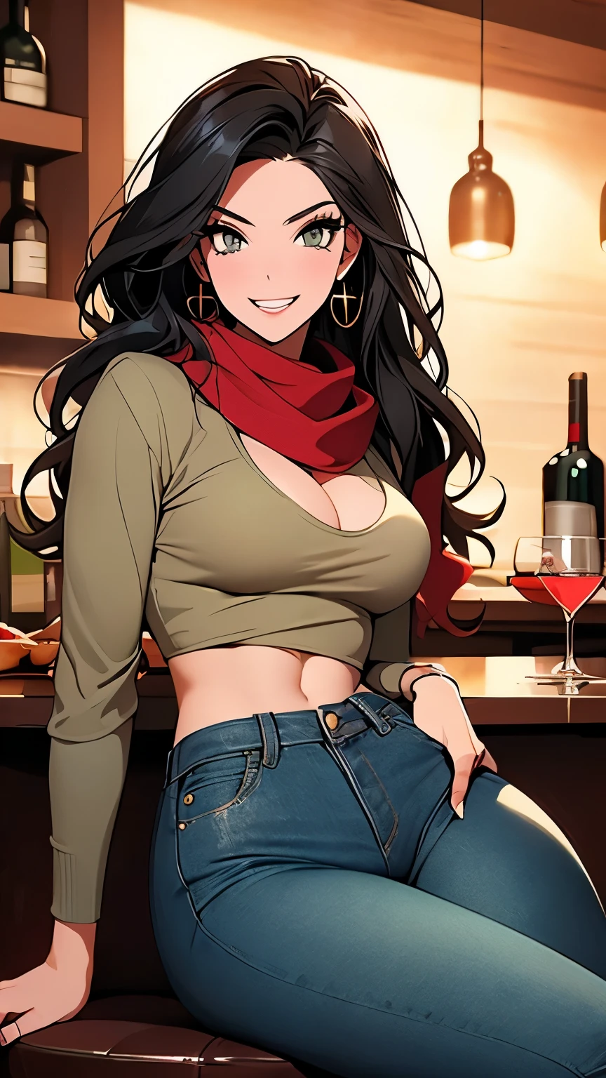 Beautiful 20 year old Mediterranean woman, Beautiful athletic body, Shapely, toned legs, Perfect round ass, Naturally firm breasts,(Abdominal muscles), Long black hair, Green Eyes. (joy:1.4), sweet (Laughter:1.2),((Drunk:1.3)),  Smokey Eye,mascara,  Long sleeve blouse, scarf, Low rise skinny jeans, boots. Wavy Hair. Tapas Bar. Enjoying a glass of red wine.