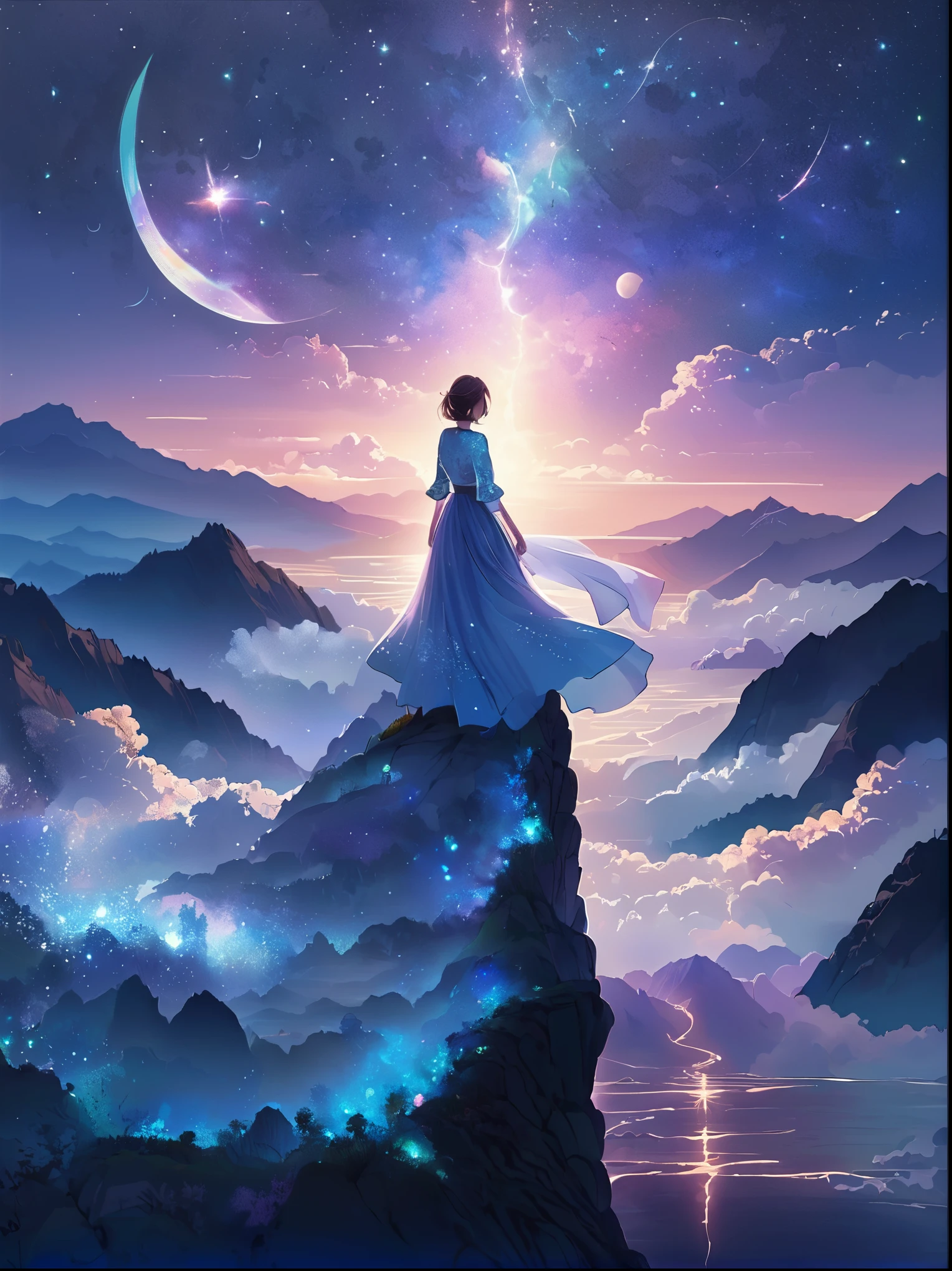 (Look from the back)，A man standing on a cliff，In a dreamy, hazy landscape，(Girl&#39;s perfect back)，(With your back to the audience)，Surrounded by a vortex of cosmic energy，The back of a person wrapped in a flowing robe，Blending with the celestial currents，The sky is a tapestry of deep purples and blues，Dotted with stars，The scenery below vaguely shows the rolling mountains，This scene is peaceful and sublime，Capturing the majestic nature of the universe，A pensive figure stands in awe