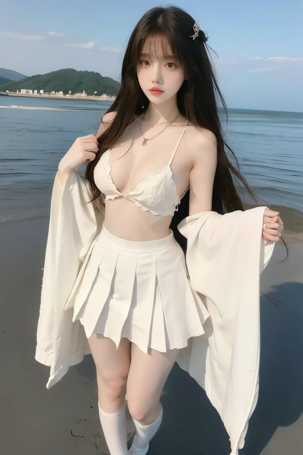 Beautiful woman with perfect body:1.4,Prominent cleavage,Layered Hairstyle,Highly detailed face and skin textures,Double eyelids,Skin Whitening,Long hair,Whitened long legs,(Korean school uniform,necklace),Standing by the sea,Half-length photo