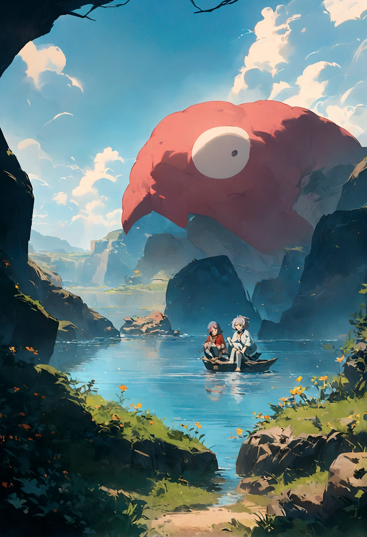 there is a person sitting on the grass by the water, artwork in the style of guweiz, chillhop, lofi album art, lofi art, makoto shinkai cyril rolando, guweiz, guweiz masterpiece, lofi artstyle, in style of makoto shinkai, official artwork, anime, Ghibli-like colours, anime style, UHD, 8k