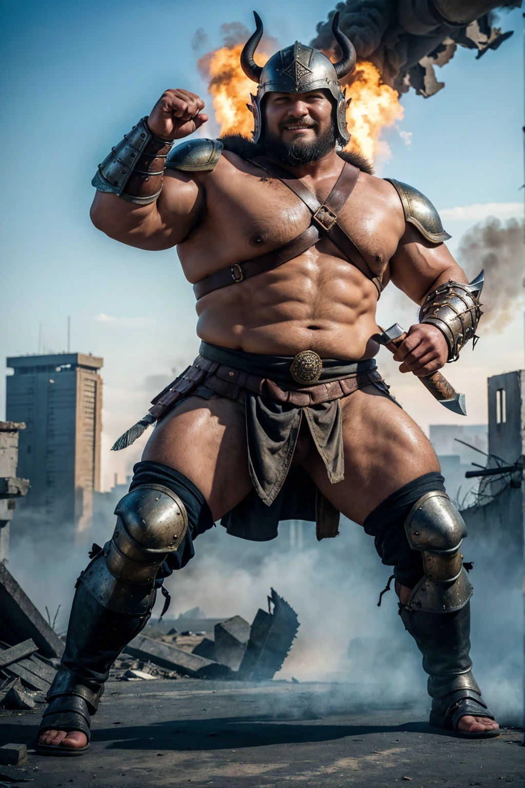 looking at us, shoot from front, face focus, Bandit, Fat ferocious barbarian:2, This barbarian is a robust stocky Japanese, smirking, mid combat, intense battle scene, leather and iron armor, armored short skirt, holding a Viking War Axes, viking helmet, legs exposed from thighs to feet, fierce warriors, ancient battlefields, epic showdown, battleground background, masterpiece, volumetric lighting, Dramatic, Uighur the Warden, breathtaking action, dynamic poses, bald, ((ultra sharp)), ((masterpiece)), ((best quality)), ((ultra detailed)), ((intricate details)), Inguinal region detailed, Dilapidated, breathtaking action, destroyed city after big air raids, fire, A desolate, post-apocalyptic cityscape, A brutal scene, lets out a yell, casting an ominous shadow, 