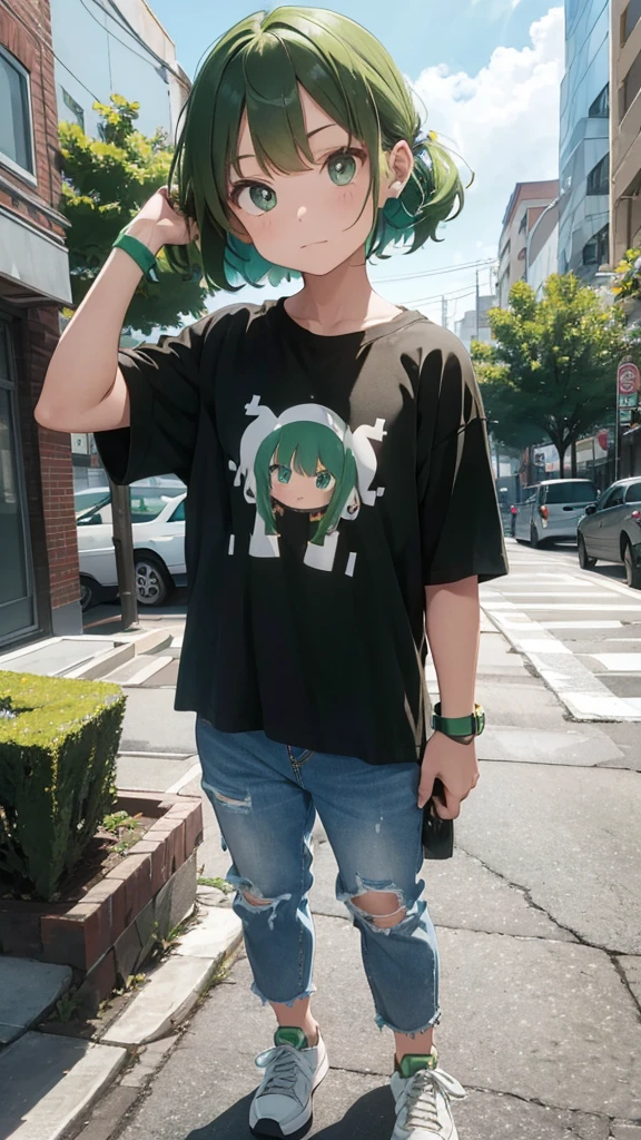 90s style, boy, standing, green hair, bangs, green eyes, band t-shirt, wristband, loose jeans, sneakers