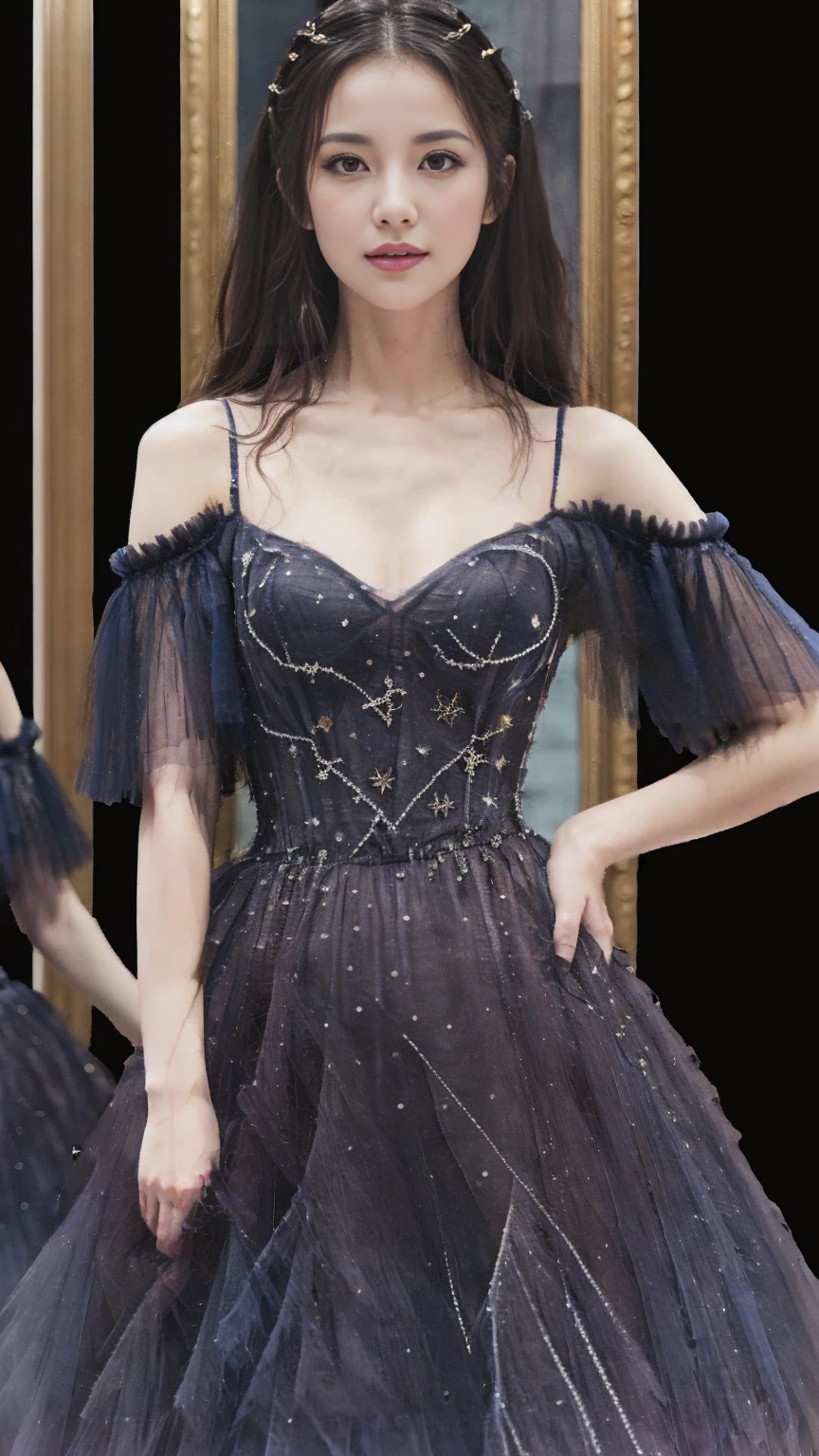 (8k, RAW photo, best quality, masterpiece:1.2), High detail RAW color photo, professional photograph, (realistic, photo-realistic:1.37), (best quality:1.2),BREAK long dress,bare shoulders,fashi-girl, ((cowboy shot)), (best quality, masterpiece:1.2), ultra-detailed, (realistic:1.37), beautiful, youthful, glamorous model with (detailed eyes, detailed lips, extremely detailed eyes), Lie in bed, in a knee shot, with white and floral colors, showcasing a radiant smile, slender figure, long legs, creating a breathtaking depiction of a girl enjoying the sleep