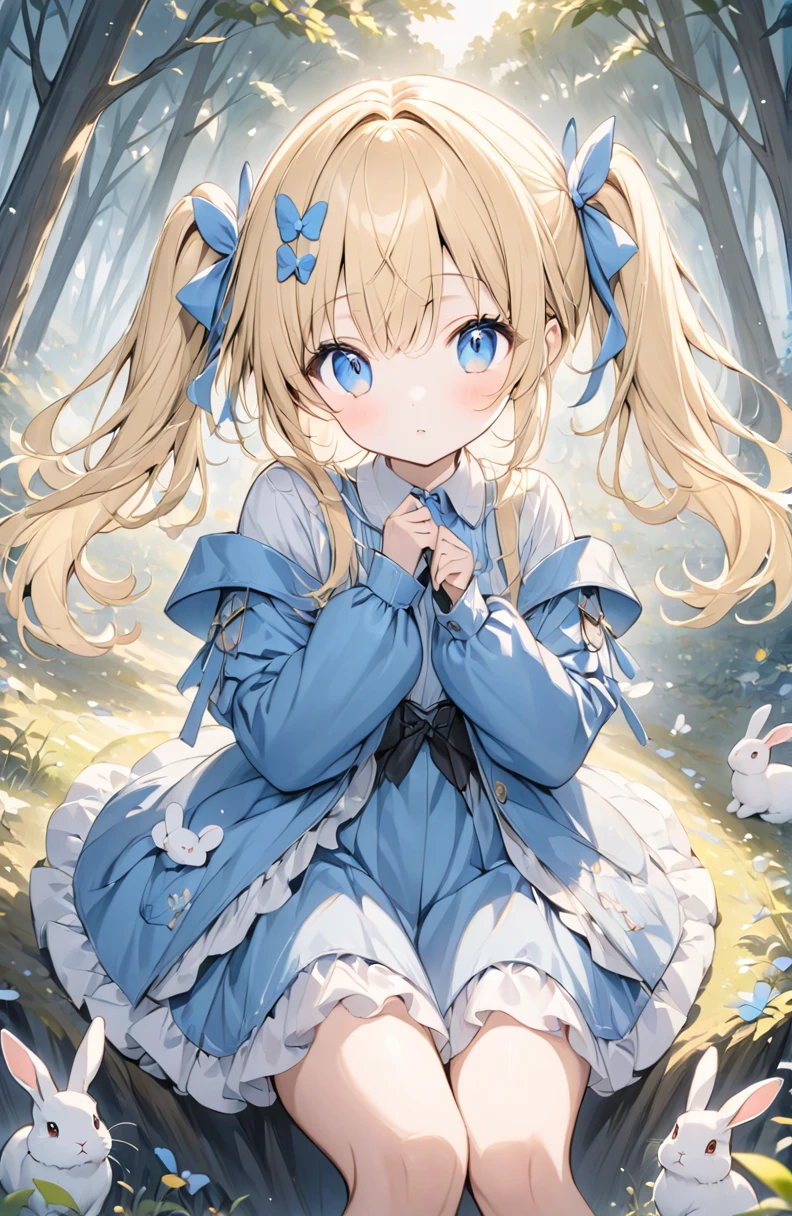 (masterpiece:1.2),(anime),、Rabbit and girl、Fairy tale world、cute、Girl surrounded by rabbits、in the forest、Pale colors、Light production、Twin tails、Blue Hair、blue attire、((Blonde、Blue Eyes))