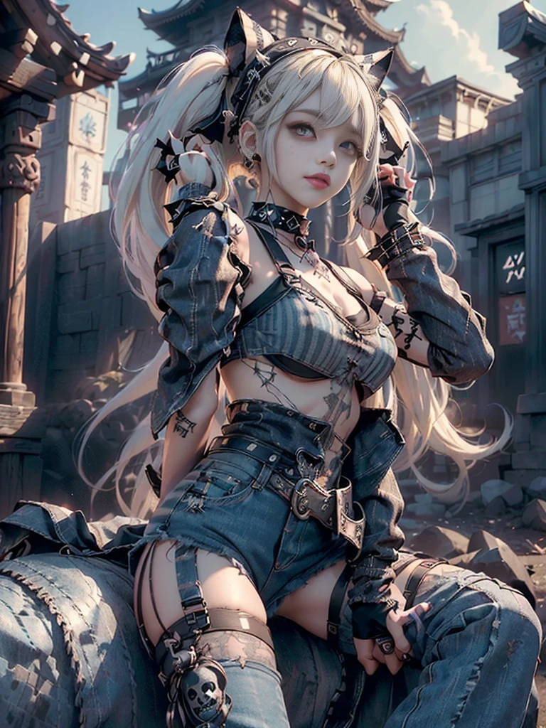 (Full Body View:1.3)、(Beautiful lips and nose:1.4)、(Long eyelashes:1.4)、(Side view:1.1)、(Smiling with teeth showing:1.3),(Shibuya Gal:1.5)、(Gothic ta delicately decorated dress:1.5)、(Tattered charcoal denim and black punk rock cargo pants:1.5)、(Charcoal denim and black with white skull mark small jacket:1.4)、(denim garter belt:1.5)、(Black and charcoal denim knee socks:1.3)、(Skull Silver Accessories:1.5)、(Charcoal denim collar:1.3)、(Brown Skin Belt:1.4)、(Brown boots:1.2)、(The underwear is striped:1.4)、31 years old、((highest quality、In 8K、masterpiece:1.3))、Sharp focus:1.2、(Layered Cut、Huge boobs:1.1),Beautiful woman with perfect figure:1.4、(Doing an aerobics pose:1.3)、Slender Abs:1.2、Highly detailed face and skin texture、Detailed eyes、double eyelid,(Twin tails:1.3)、(Cream colored hair:1.3)、Gravure idol、(The background is a gorgeous temple in the sky:1.3)、(Slim body:1.2),(Make your legs thinner:1.4),(clavicle:1.1)
