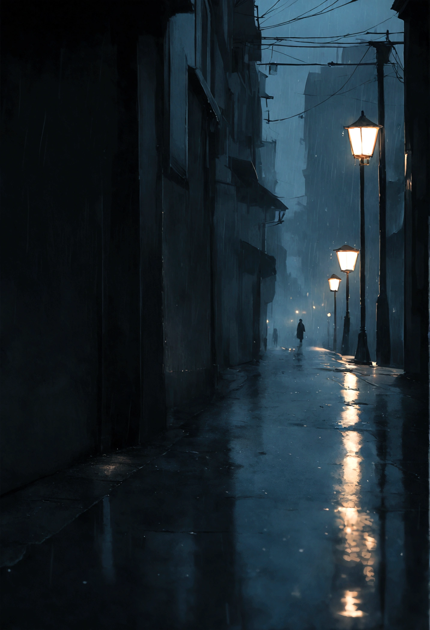 A stunning 16K cinematic minimalist photo capturing the melancholy mood of a rainy evening. The monochromatic color palette, featuring shades of blue and gray, creates a somber ambiance. The image depicts a lonely streetlamp illuminating the wet pavement, with raindrops glistening on the ground. The sky overhead is overcast and moody, reflecting the sad atmosphere of the scene. This image would make for an ideal high-resolution mobile wallpaper, capturing the essence of a cinematic evening., photo, cinematic