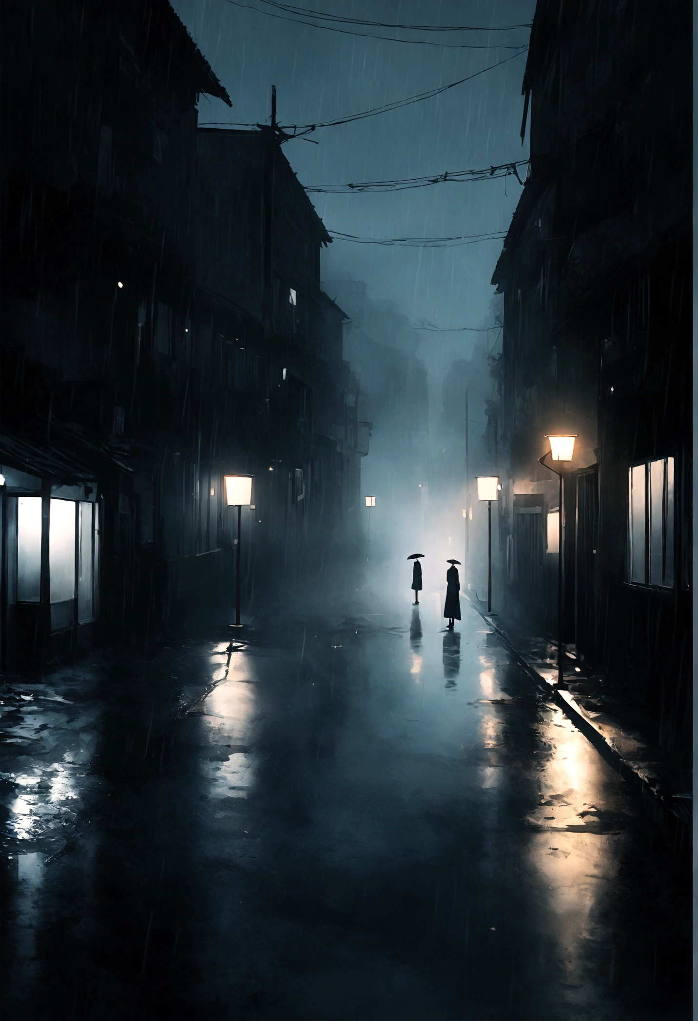 A stunning 16K cinematic minimalist photo capturing the melancholy mood of a rainy evening. The monochromatic color palette, featuring shades of blue and gray, creates a somber ambiance. The image depicts a lonely streetlamp illuminating the wet pavement, with raindrops glistening on the ground. The sky overhead is overcast and moody, reflecting the sad atmosphere of the scene. This image would make for an ideal high-resolution mobile wallpaper, capturing the essence of a cinematic evening., photo, cinematic