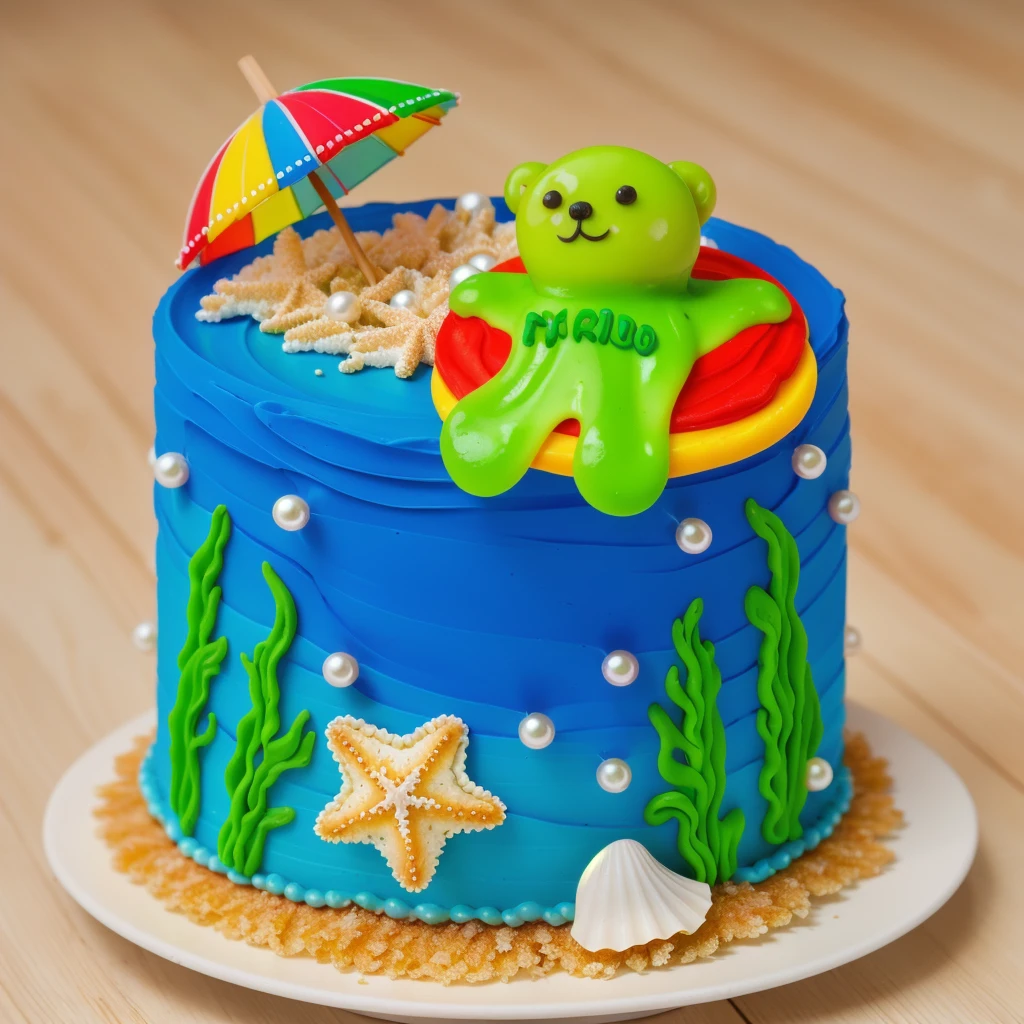on a wooden table, there is a white plate with cake. blue cream cake. green cream in the form of seaweed. white pearls. shell and starfish made of polymer clay. yellow bread breading in the form of sand. colorful paper umbrella. realistic style. reality texture. Detailed texture . high quality photo. bright lighting. beautiful light. High quality. a high resolution. macro photography. ultra hd 8k