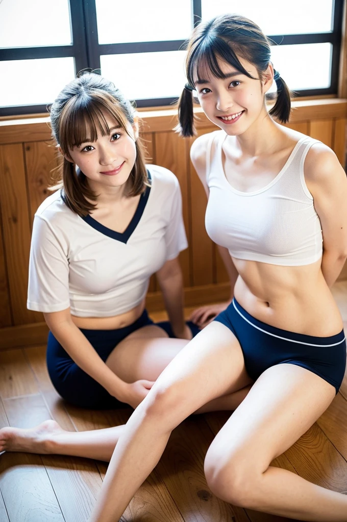 2 girls sitting on floor in wooden school classroom,white plain t-shirt with navy blue trim,navy blue speedo briefs,18-year-old,bangs,a little smile,large bare thighs,knees,short hair with low pigtails,from before,front light