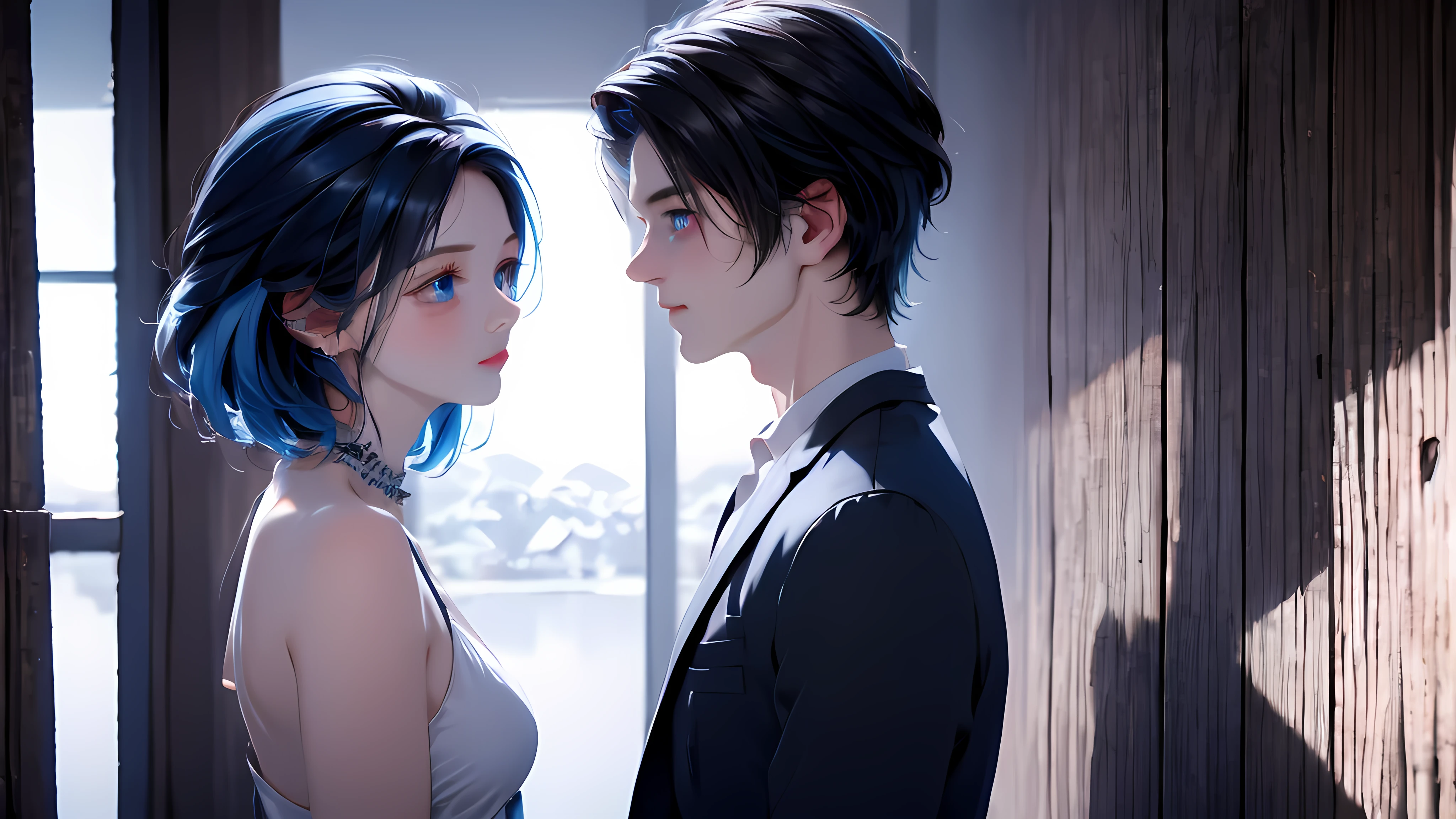 1 Boy&Girl , Boy medium light black hair, Girl medium light Blue hair, light blue eyes, wearing black suit, night city, 18+ , high res, ultrasharp, 8K, masterpiece, looking from behind
