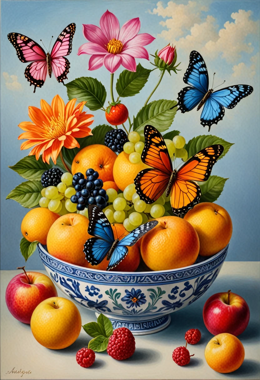 painting of a butterfly and a flower in a bowl of fruit, an airbrush painting inspired by Maria Sibylla Merian, featured on polycount, toyism, brightly coloured oil on canvas, surreal oil on canvas, oil on canvas detailed, oil painting on canvas, painting oil on canvas, oil painting on matte canvas, bright colors oil on canvas, flowers and butterflies