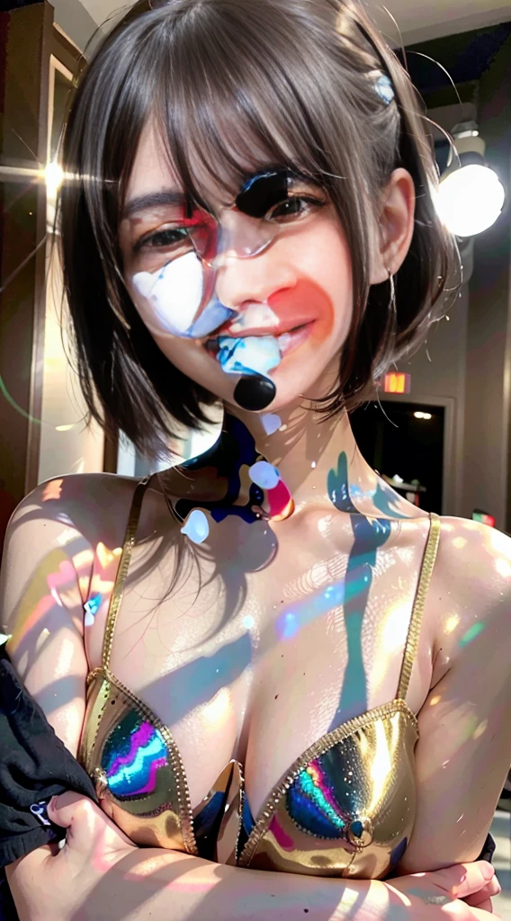 high quality, masterpiece, expensive_resolution, One girl, On the body, Tyndall effect, photographのようにリアル,,Rim Light, Two-tone lighting, (expensive detailed skin:1.2), 8K Ultra HD, Digital SLR, Soft lighting, Volumetric lighting, Frank, photograph, expensive resolutionolution, 4K, 8k,smile,Textured skin,Showing teeth,smile,Ultra high definition,Medium chest,Black Hair,Bangs,Pale skin,