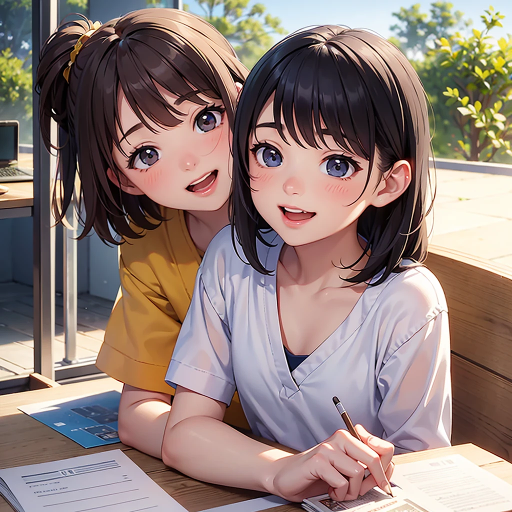 Photorealistic、A scene from a coming-of-age movie、Sit at a desk and enjoy studying with your friends、Laughing with your mouth open、Close-up of face、petal、season!!: summer☀ 🍂