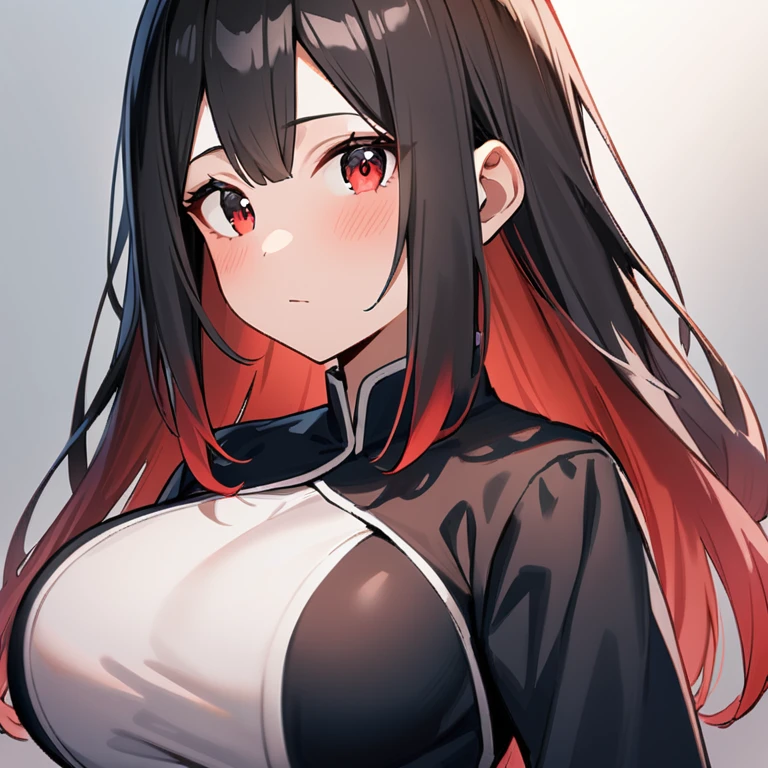 1girl,Solo,(red eyes and black eyes:1.3),light hair,grey eyes,best quality, very aesthetic, absurdres,eyes,breasts,attractive,adorable,simple,side locks,sideburns,bigbreast,(Gradient hair),(black hair:1.3),(Androgynous:1),(straight on),big breast,Good skin,straight hair,looking at viewer (red and black),(upper body,(wide