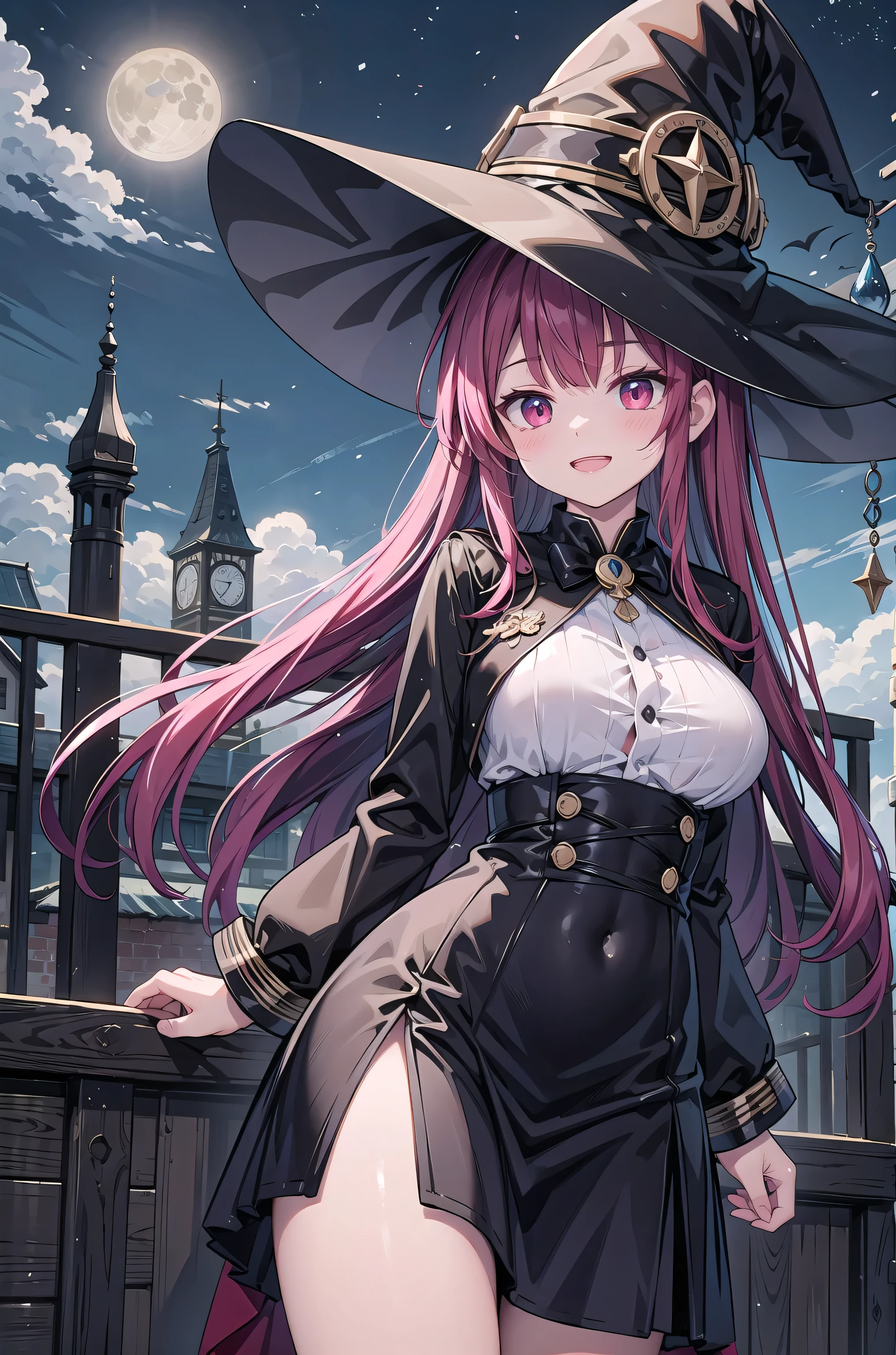 ((Masterpiece, best quality, high quality, very detailed CG uniform 8k wallpaper, very detailed, detailed background, shiny hair,)), 1girl, grin, open mouth, long red hair, red eyes, big , ((witch, dress, witch hat)), standing, night, full moon, moonlight, clouds, woods, fantasy, castle background